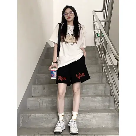 夏季休闲短裤女2023年新款学生宽松百搭外穿抽绳阔腿运动裤小个子图片