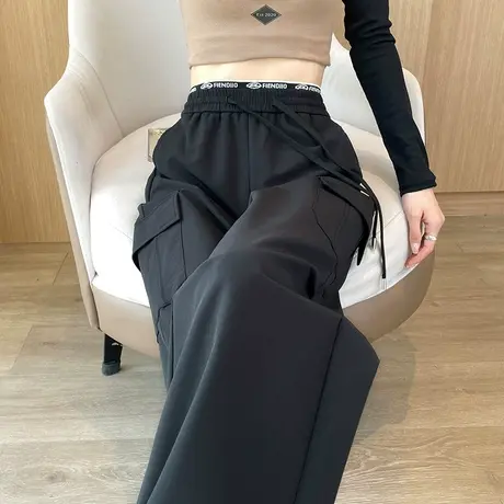 美式复古工装裤女春秋2024新款高腰直筒黑色休闲宽松束脚运动裤子商品大图