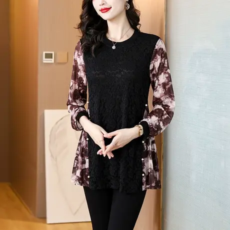 春款女上衣2024新款大码中长款蕾丝雪纺衫接拼假两件洋气女士小衫图片