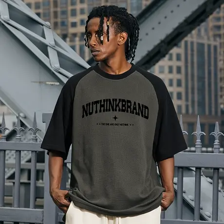 Nuthink撞色拼接插肩华夫格短袖T恤男潮潮牌国潮宽松潮流半袖男款商品大图