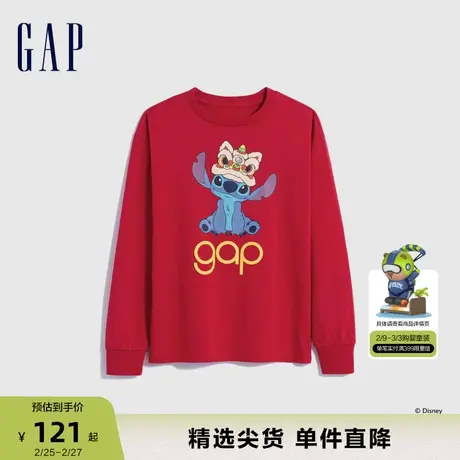 【史迪奇联名】Gap男女童2024新年款卡通图案红色长袖T恤889287商品大图