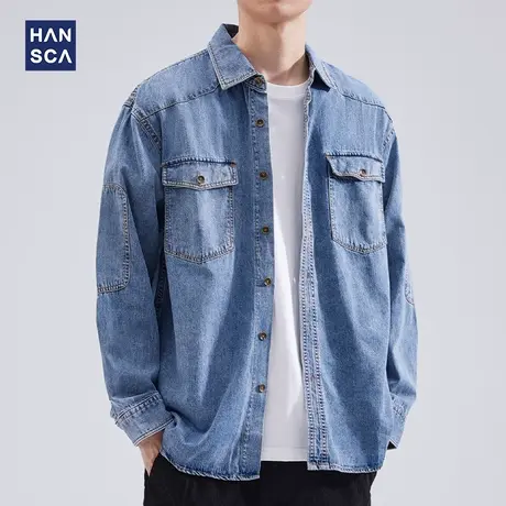 hansca牛仔衬衫男长袖春季新款高级感工装潮流宽松日系休闲外套男商品大图