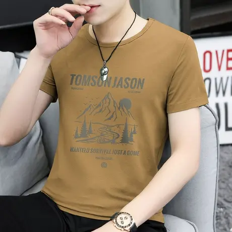 莫代尔冰丝t恤男士短袖圆领上衣服速干凉感夏季半袖潮牌印花体恤图片