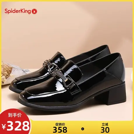 蜘蛛王女鞋春季新款真皮通勤职业单鞋粗跟百搭方头一脚蹬英伦皮鞋商品大图