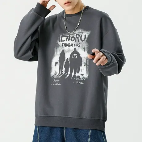 2023新款秋季男生美式高街印花长袖上衣服春秋款潮牌痞帅圆领卫衣商品大图