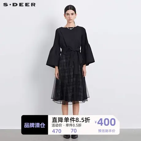 sdeer圣迪奥圆领压褶收腰格纹网纱连衣裙S233Z12AS图片