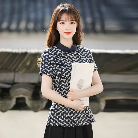 筠雅唐装女夏中国风女装旗袍上衣短袖茶艺服装女佛系复古中式女装图片