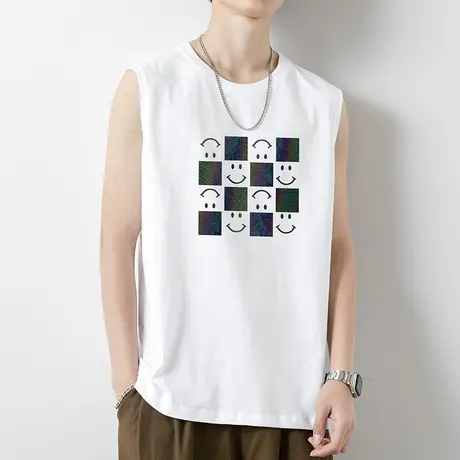 纯棉白色背心男士运动篮球坎肩健身跨栏夏季外穿宽肩无袖t恤汗衫商品大图