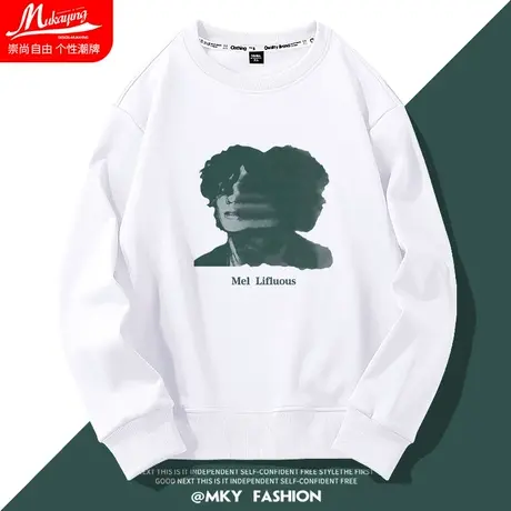 美式高街复古潮牌圆领卫衣男设计感小众秋季薄款白色简约百搭长袖图片