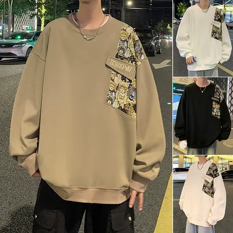 秋冬季新款圆领刺绣宽松套头卫衣男ins潮流休闲无帽外套港风复古商品大图