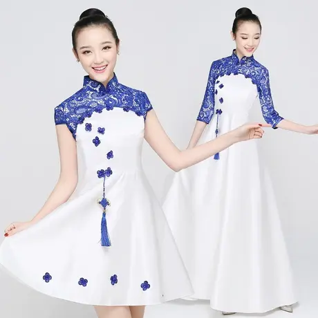 长款舞台主持绣花礼仪演出服颁奖礼服酒店迎宾合唱模特走秀旗袍装图片