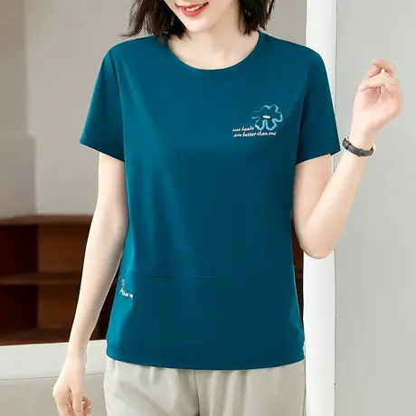正肩短袖t恤衫女夏2023年新款中年妈妈设计感圆领百搭体恤上衣潮商品大图