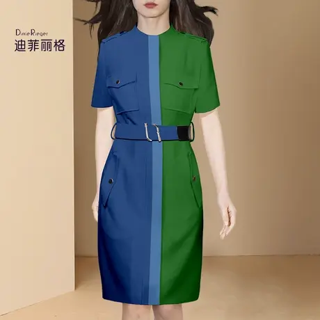迪菲丽格2023夏季新款高级感蓝绿撞色连衣裙女短袖收腰显瘦中长裙图片