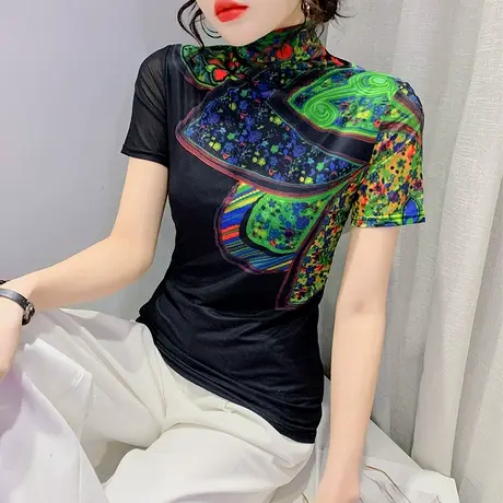 复古印花高领短袖T恤女装春夏设计感小众上衣网纱洋气小衫半袖潮商品大图