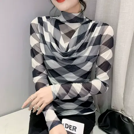 棋盘格上衣女长袖2023春秋新款时尚拼色网纱T恤内搭半高领打底衫商品大图