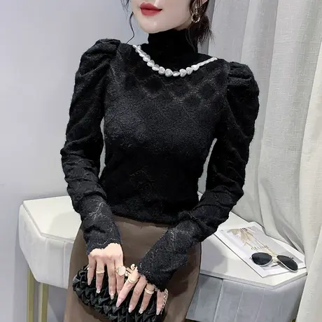 黑色蕾丝打底衫女秋冬时尚泡泡袖小衫紧身内搭长袖设计感洋气上衣商品大图