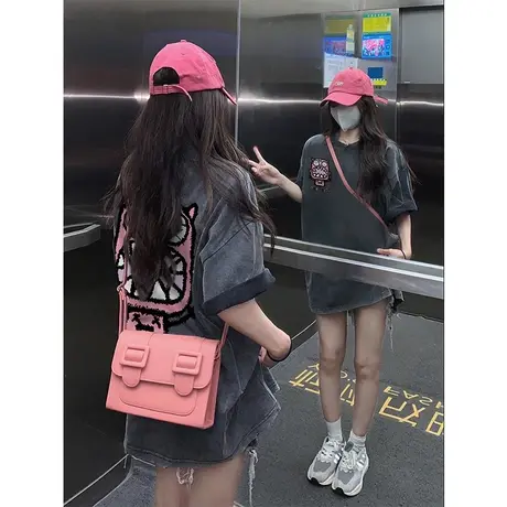 美式复古短袖T恤女设计感小众水洗做旧宽松纯棉上衣夏季情侣装潮商品大图