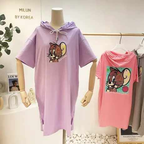 夏季新款连衣裙韩国东大门港味休闲连帽中长款短袖T恤裙宽松减龄图片