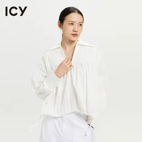 icy2023春季新款简约纯色休闲翻领抽绳宽松长袖小衫套头衬衫女图片