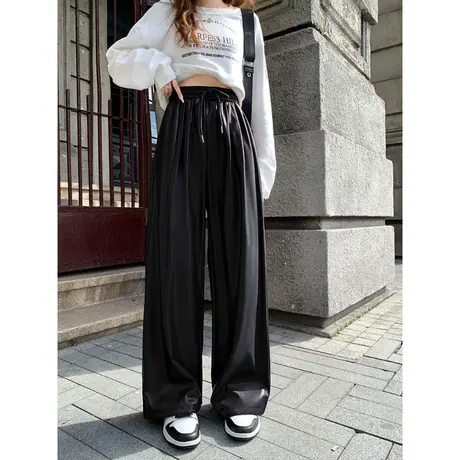 2023秋冬新款抽绳PU棕色皮裤宽松显瘦直筒长裤高腰阔腿裤皮裤女图片