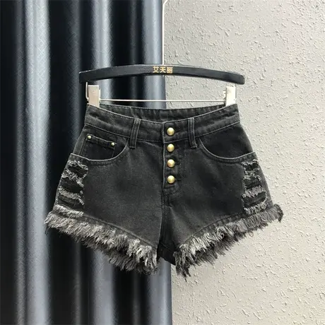 2023秋季新款黑色个性毛边破洞牛仔短裤女低腰辣妹宽松显瘦阔腿裤图片