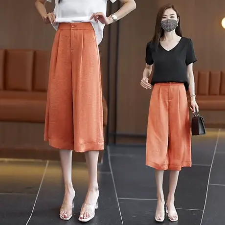 醋酸天丝七分阔腿裤女夏季高级感缎面压花休闲裤垂感显瘦直筒裙裤图片