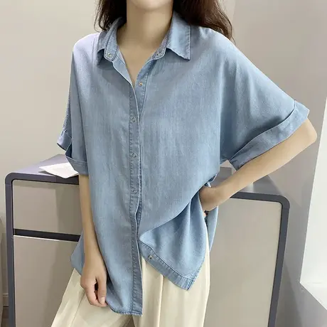 休闲短袖牛仔衬衫女上衣薄款2023夏季新款韩版叠穿衬衣半袖上衣潮商品大图