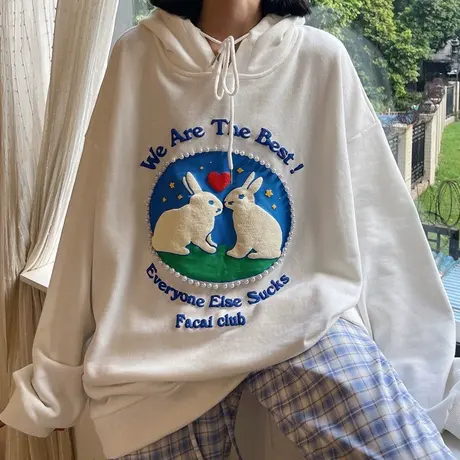 vintage卫衣女秋冬宽松韩版潮ins连帽上衣设计感小众加绒加厚外套商品大图