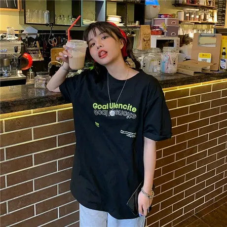 红续港风ins潮新款韩版字母百搭宽松ulzzang短袖纯棉T恤女上衣商品大图