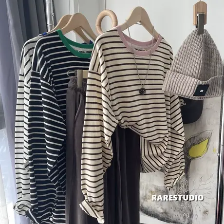 春季新款简约休闲基础百搭宽松条纹长袖T恤打底衫撞色拼接韩系女商品大图