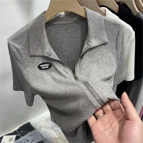 Polo领t恤女短袖夏季韩版修身短款双拉链螺纹半袖设计感小众上衣图片