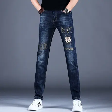 男士蓝色烫钻印花高档牛仔裤春秋新款2023裤子男韩版男款百搭休闲图片