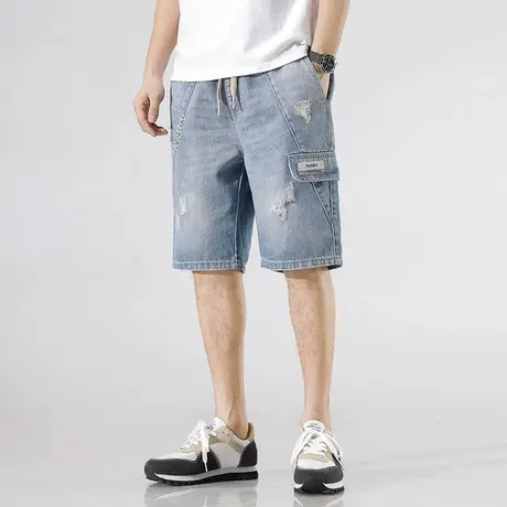 夏季男士短裤五分裤马裤中裤宽松直筒休闲薄款破洞弹力松紧腰潮裤商品大图