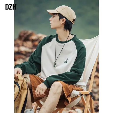 男士拼接圆领t恤男长袖纯棉宽松男装2023年新款潮牌上衣秋季卫衣商品大图