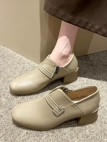 春秋季女鞋高跟小皮鞋新款方头粗跟深口百搭单鞋工作鞋OL职业鞋子图片