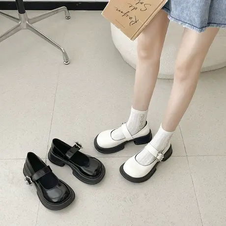 永希白色一字带玛丽珍鞋女春秋新款韩版大头小皮鞋时尚厚底单鞋女图片