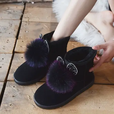 雪地靴女皮毛一体2023新款冬季百搭毛球可爱加绒保暖棉鞋短筒短靴图片