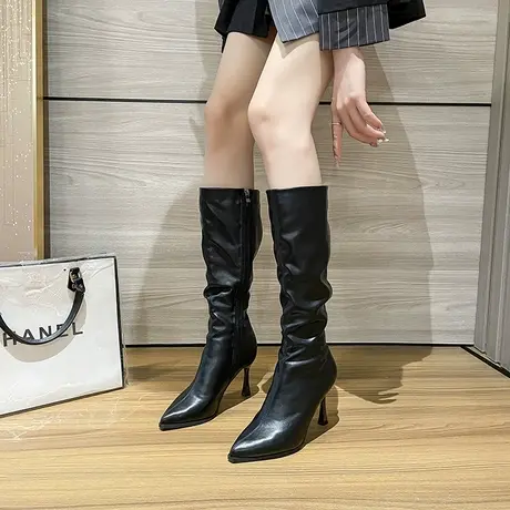 长筒靴女细跟2023年冬季新款尖头高跟褶皱堆堆靴不过膝高筒骑士靴商品大图
