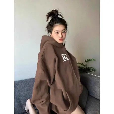 春秋款大码胖mm棕色美式复古卫衣女美拉德连帽时髦上衣潮2-300斤商品大图