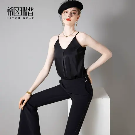 希区瑞普高端法式气质吊带背心女内搭新款时尚黑缎面v领上衣图片