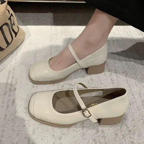 玛丽珍小皮鞋女2024春秋季新款配裙子单鞋超火白色百搭粗跟女鞋子商品大图