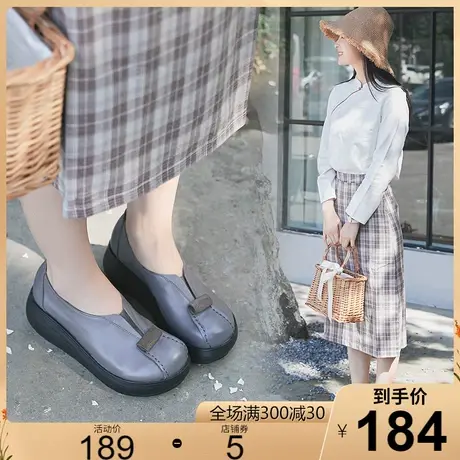 2025春季新款牛皮单鞋女厚底特色松糕鞋舒适圆头休闲皮鞋子女鞋商品大图