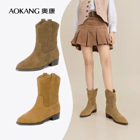 奥康女鞋 冬季新款时尚西部靴尖头粗跟舒适中筒气质女士时尚靴子图片