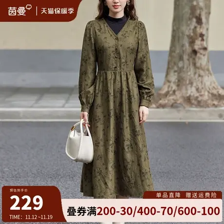茵曼法式复古假两件半高领连衣裙女2023秋冬新款气质收腰打底长裙图片