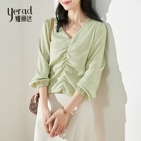 娅丽达v领褶皱小衫秋季上衣2023年新款小众设计感泡泡袖衬衫女商品大图