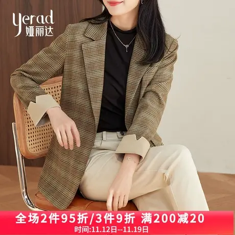 娅丽达格子西装外套女2023秋季新款复古设计感宽松大码休闲小西服商品大图