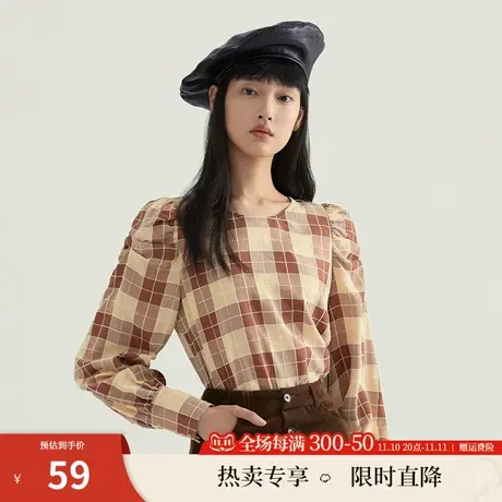 茵曼早秋新款女设计感小众上衣法式复古文艺圆领格纹长袖衬衫商品大图