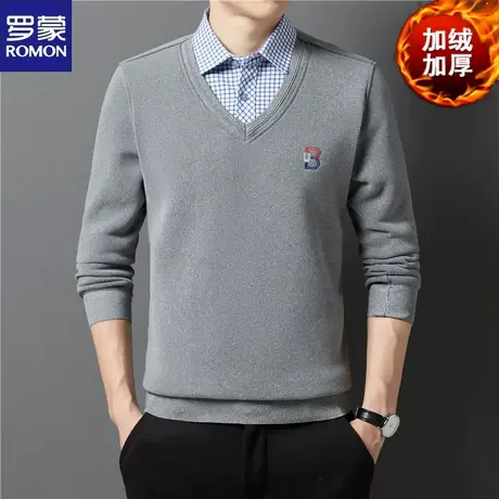 罗蒙假两件V领毛衣男2023秋冬季新款商务休闲加绒加厚保暖针织衫商品大图