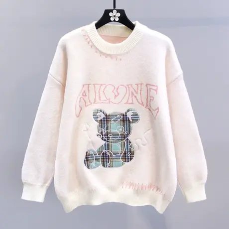 日系卡通小熊毛衣女秋冬2023新款宽松学院风圆领套头针织衫上衣商品大图