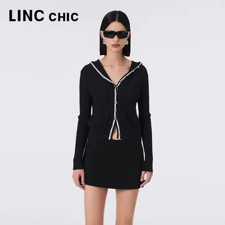 LINCCHIC金羽杰针织开衫女2023年秋季新款轻奢撞色连帽长袖针织衫商品大图